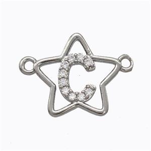 Copper Star Pendant Pave Zirconia Letter-C Platinum Plated, approx 16mm [FN44730]