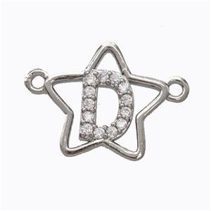 Copper Star Pendant Pave Zirconia Letter-D Platinum Plated, approx 16mm [FN44731]