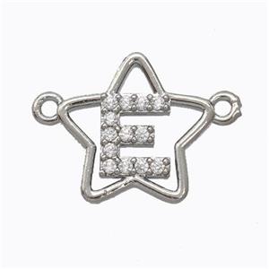 Copper Star Pendant Pave Zirconia Letter-E Platinum Plated, approx 16mm [FN44732]
