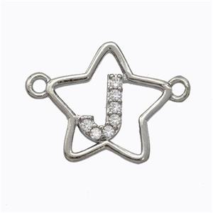 Copper Star Pendant Pave Zirconia Letter-J Platinum Plated, approx 16mm [FN44737]