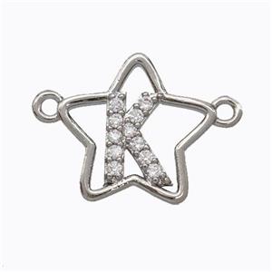 Copper Star Pendant Pave Zirconia Letter-K Platinum Plated, approx 16mm [FN44738]