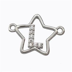 Copper Star Pendant Pave Zirconia Letter-L Platinum Plated, approx 16mm [FN44739]