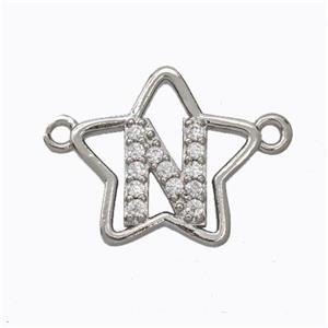 Copper Star Pendant Pave Zirconia Letter-N Platinum Plated, approx 16mm [FN44741]