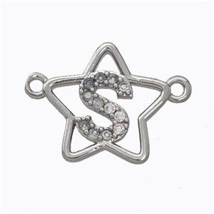 Copper Star Pendant Pave Zirconia Letter-S Platinum Plated, approx 16mm [FN44746]