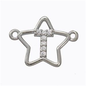 Copper Star Pendant Pave Zirconia Letter-T Platinum Plated, approx 16mm [FN44747]