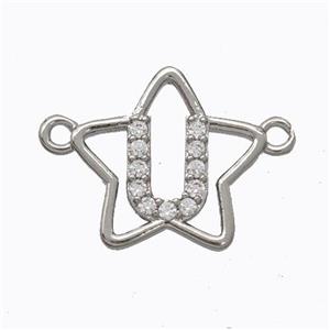Copper Star Pendant Pave Zirconia Letter-U Platinum Plated, approx 16mm [FN44748]