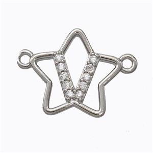 Copper Star Pendant Pave Zirconia Letter-V Platinum Plated, approx 16mm [FN44749]