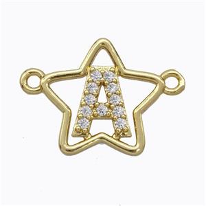 Copper Star Pendant Pave Zirconia Letter-A Gold Plated, approx 16mm [FN44755]