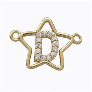Copper Star Pendant Pave Zirconia Letter-D Gold Plated, approx 16mm [FN44758]
