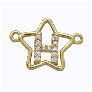 Copper Star Pendant Pave Zirconia Letter-H Gold Plated, approx 16mm [FN44762]