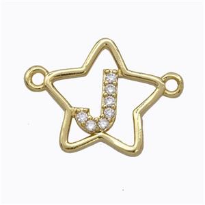 Copper Star Pendant Pave Zirconia Letter-J Gold Plated, approx 16mm [FN44764]