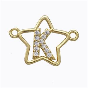 Copper Star Pendant Pave Zirconia Letter-K Gold Plated, approx 16mm [FN44765]