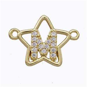 Copper Star Pendant Pave Zirconia Letter-M Gold Plated, approx 16mm [FN44767]