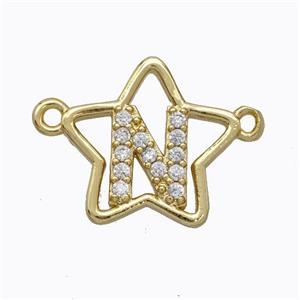 Copper Star Pendant Pave Zirconia Letter-N Gold Plated, approx 16mm [FN44768]