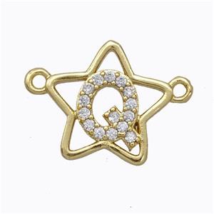 Copper Star Pendant Pave Zirconia Letter-Q Gold Plated, approx 16mm [FN44771]