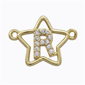 Copper Star Pendant Pave Zirconia Letter-R Gold Plated, approx 16mm [FN44772]