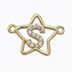 Copper Star Pendant Pave Zirconia Letter-S Gold Plated, approx 16mm [FN44773]