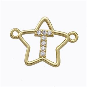 Copper Star Pendant Pave Zirconia Letter-T Gold Plated, approx 16mm [FN44774]