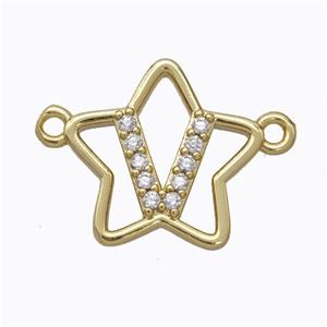 Copper Star Pendant Pave Zirconia Letter-V Gold Plated, approx 16mm [FN44776]