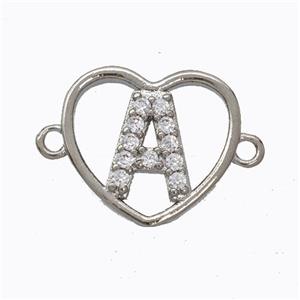 Copper Heart Connector Pave Zirconia Letter-A Platinum Plated, approx 15.5mm [FN44782]