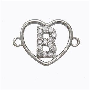 Copper Heart Connector Pave Zirconia Letter-B Platinum Plated, approx 15.5mm [FN44783]