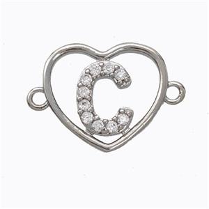 Copper Heart Connector Pave Zirconia Letter-C Platinum Plated, approx 15.5mm [FN44784]