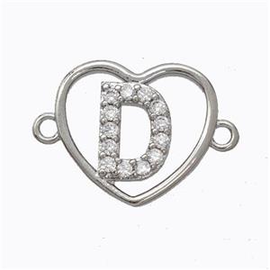 Copper Heart Connector Pave Zirconia Letter-D Platinum Plated, approx 15.5mm [FN44785]
