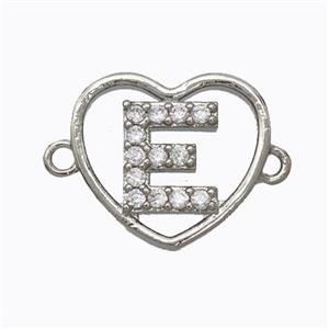 Copper Heart Connector Pave Zirconia Letter-E Platinum Plated, approx 15.5mm [FN44786]