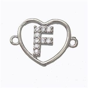 Copper Heart Connector Pave Zirconia Letter-F Platinum Plated, approx 15.5mm [FN44787]