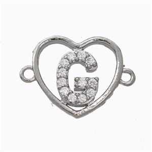 Copper Heart Connector Pave Zirconia Letter-G Platinum Plated, approx 15.5mm [FN44788]