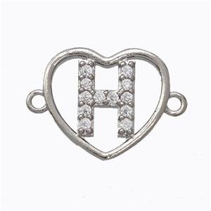 Copper Heart Connector Pave Zirconia Letter-H Platinum Plated, approx 15.5mm [FN44789]