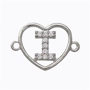 Copper Heart Connector Pave Zirconia Letter-I Platinum Plated, approx 15.5mm [FN44790]
