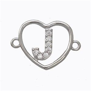 Copper Heart Connector Pave Zirconia Letter-J Platinum Plated, approx 15.5mm [FN44791]