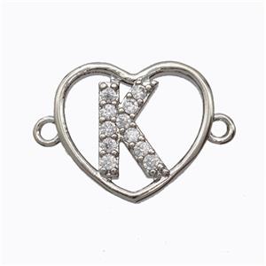 Copper Heart Connector Pave Zirconia Letter-K Platinum Plated, approx 15.5mm [FN44792]