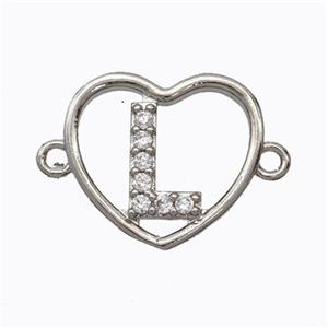 Copper Heart Connector Pave Zirconia Letter-L Platinum Plated, approx 15.5mm [FN44793]