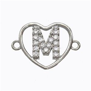 Copper Heart Connector Pave Zirconia Letter-M Platinum Plated, approx 15.5mm [FN44794]