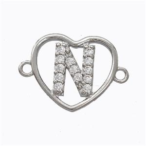 Copper Heart Connector Pave Zirconia Letter-N Platinum Plated, approx 15.5mm [FN44795]