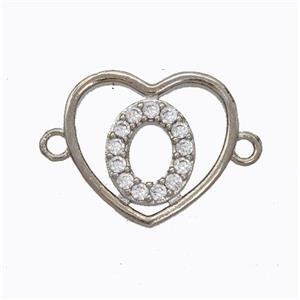 Copper Heart Connector Pave Zirconia Letter-O Platinum Plated, approx 15.5mm [FN44796]