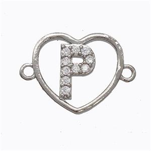 Copper Heart Connector Pave Zirconia Letter-P Platinum Plated, approx 15.5mm [FN44797]