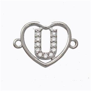 Copper Heart Connector Pave Zirconia Letter-U Platinum Plated, approx 15.5mm [FN44802]
