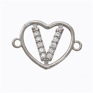 Copper Heart Connector Pave Zirconia Letter-V Platinum Plated, approx 15.5mm [FN44803]