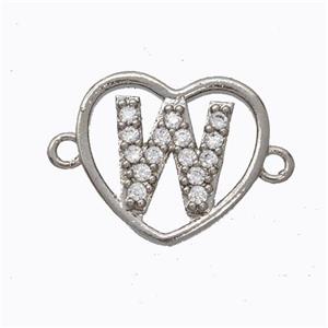 Copper Heart Connector Pave Zirconia Letter-W Platinum Plated, approx 15.5mm [FN44804]