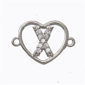 Copper Heart Connector Pave Zirconia Letter-X Platinum Plated, approx 15.5mm [FN44805]