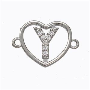 Copper Heart Connector Pave Zirconia Letter-Y Platinum Plated, approx 15.5mm [FN44806]