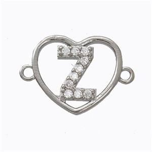 Copper Heart Connector Pave Zirconia Letter-Z Platinum Plated, approx 15.5mm [FN44807]