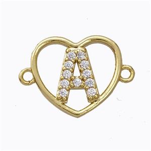 Copper Heart Connector Pave Zirconia Letter-A Gold Plated, approx 15.5mm [FN44809]