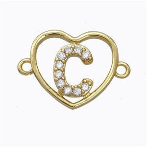 Copper Heart Connector Pave Zirconia Letter-C Gold Plated, approx 15.5mm [FN44811]