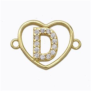 Copper Heart Connector Pave Zirconia Letter-D Gold Plated, approx 15.5mm [FN44812]