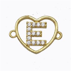 Copper Heart Connector Pave Zirconia Letter-E Gold Plated, approx 15.5mm [FN44813]