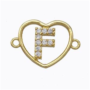 Copper Heart Connector Pave Zirconia Letter-F Gold Plated, approx 15.5mm [FN44814]